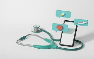 Message bubble on phone screen with stethoscope health check on white background. 3d illustration,3d rendering photo