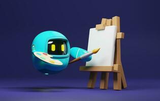 Robot holds aintbrush to create futuristic digital art on purple background. . 3d rendering,3d illustration photo