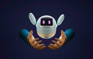 Cute robot on hand of businessman on purple background. . 3d rendering,3d illustration photo