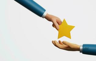 Hand holding a star handed over to an employee on a white background. 3d rendering, 3d illustration photo