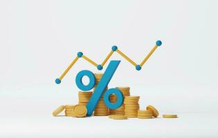 Percentage icon on stack of coins on white background. 3d rendering, 3d illustration photo
