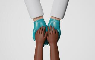 Closeup shot of doctor's hand holding african american patient's hand. 3d illustration,3d rendering photo