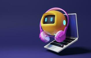 Yellow robot with bright pink headphones conversational technology  and smart phone on purple background. . 3d rendering,3d illustration photo