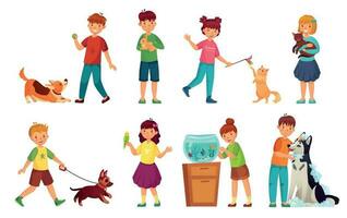 niños con mascotas. niño abrazo mascota, niño amor animales y jugando con perro o linda gato dibujos animados vector ilustración conjunto