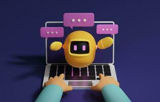 Yellow robot with bright conversational technology and laptop on purple background. . 3d rendering,3d illustration photo