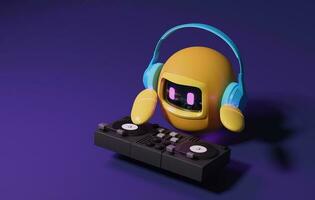Cute robot with headphones, music mixer, record player on purple background. . 3d rendering,3d illustration photo
