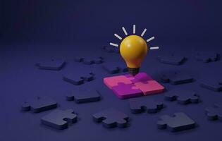 Yellow light bulb on jigsaw puzzle piece on purple background.  3d illustration,3d rendering photo