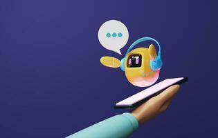 amarillo robot con brillante conversacional tecnología y inteligente teléfono en púrpura antecedentes. . 3d representación, 3d ilustración foto