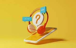 Headphones with microphone with speech bubble question mark chat icon via smartphone on yellow background. . 3d rendering,3d illustration photo