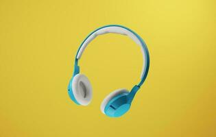 elegante brillante azul 3d sobre oreja inalámbrico auriculares aislado en amarillo antecedentes. 3d representación, 3d ilustración foto