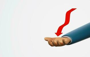 Close-up red arrow falling on white background businessman hand. 3d rendering, 3d illustration photo