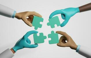 Group medical team hands putting together jigsaw puzzle on white background. 3d illustration,3d rendering photo