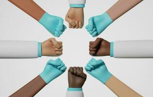 Group doctors holding fists together on white background. 3d illustration,3d rendering photo
