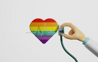 Close-up. Doctor's hand holding a stethoscope to check heart health. Rainbow colors representing LGBTQ. 3d illustration,3d rendering photo