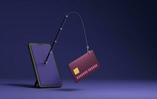 Phishing scam from hackers Stealing user credit card online. via mobile phone on dark purple neon background.  3d illustration,3d rendering photo