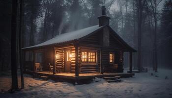 Tranquil snow covered log cabin illuminated by lantern generated by AI photo