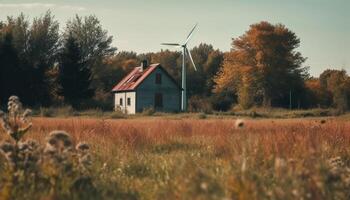 Sunset over rural wind farm generates clean energy generated by AI photo