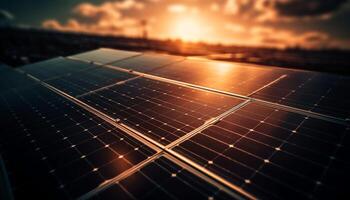 Sunset glows on solar panels, generating electricity generated by AI photo