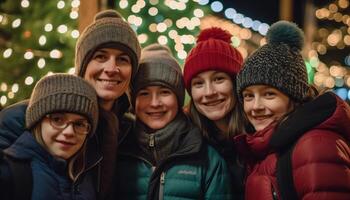 Four smiling family members celebrate snowy vacation generated by AI photo