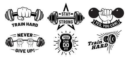 Gym motivation quotes. Fitness inspirational, strong bodybuilding and dumbbell in hand vector illustration set