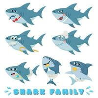 dibujos animados tiburones familia. recién nacido bebé tiburón, cómic marina padre y alegre madre tiburones caracteres vector ilustración conjunto