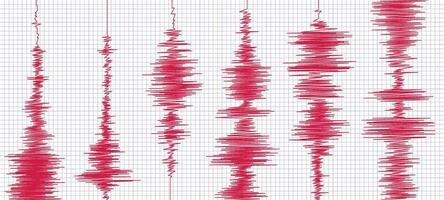 Seismogram earthquake graph. Oscilloscope waves, seismograms waveform and seismic activity graphs vector illustration