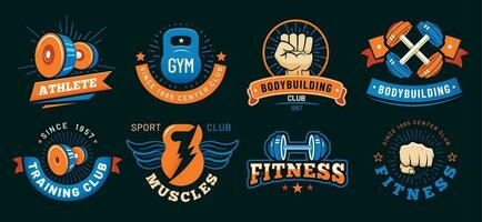 Vintage gym emblem. Athlete muscles, fitness and bodybuilding labels. Sport signs vector set