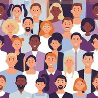 Business people crowd pattern. Office employees, workers team portrait and colleagues standing together seamless vector illustration