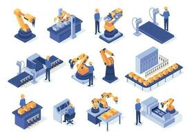 Isometric industrial robots. Assembly line machines, robotic arms with engineer workers and manufacturing technologies 3d vector set
