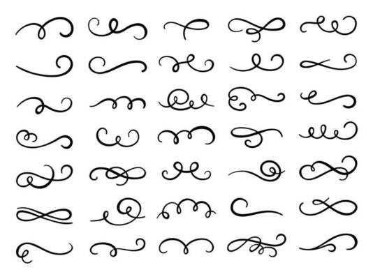 Calligraphic swirl flourish. Modern swirling flourishes, romantic card decorative swirl and wedding card decor curls swirles dividers vector set. Black curly thin lines, elegant ornaments collection