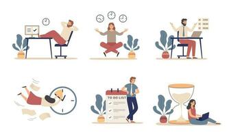 Working time planning. Work schedule, organize works productivity and tasks time management flat vector illustration set