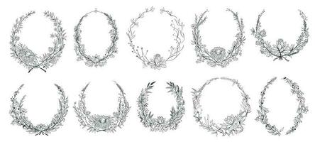 Hand drawn round floral frames. Sketch flower, leaves and branches decoration wreath. Circle flower frame vector set