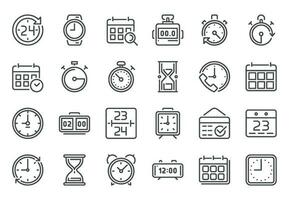 contorno hora icono. cronometrador, cronógrafo y Temporizador iconos alarma reloj, calendario y línea reloj de arena firmar vector conjunto