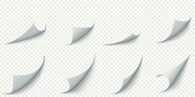 Curled paper corners. Curve page corner, pages edge curl and bent papers sheet with realistic shadow vector illustration set