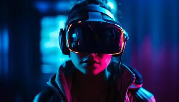 uno persona inmerso en futurista virtual realidad generado por ai foto