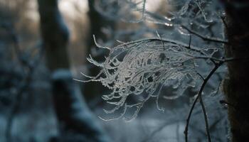 Winter branch holds dew, spider spins web generated by AI photo