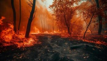 Burning forest, spooky mystery, autumn horror inferno generated by AI photo