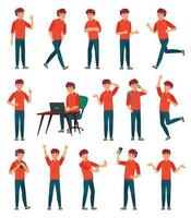 Cartoon male teenager character. Teenage boy in different poses and actions vector illustration set