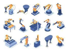 Isometric robotic arm. Industrial factory machines, manufacturing automatisation and production line robot arms 3d vector set