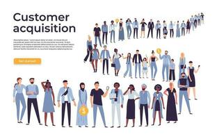 People crowd stand in queue. Business people standing and waiting in long line flat vector illustration