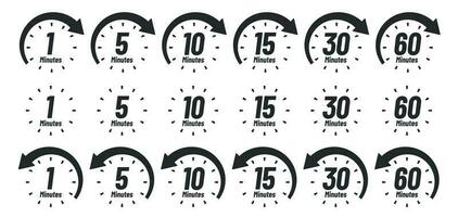 minutos hora icono. término análogo reloj iconos, 1 5 5 10 15 30 60 60 minuto relojes y minutos atrás firmar vector conjunto