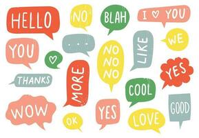 Textured speech bubble signs. Thanks sign, yes and no doodle. Hand drawn frames with ok, good and i love you text vector set. Multicolor text clouds with different words. Messaging design elements