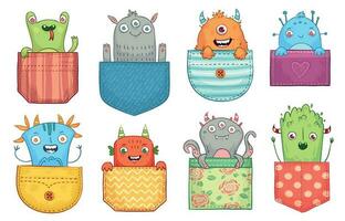Cartoon pocket monster. Funny monsters in pockets, scary halloween creatures and little boo monster vector illustration set