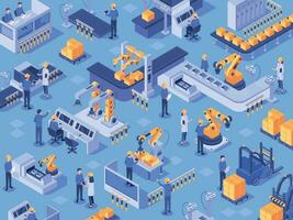 Isometric smart industrial factory. Automated production line, automation industry and factories engineer workers vector illustration