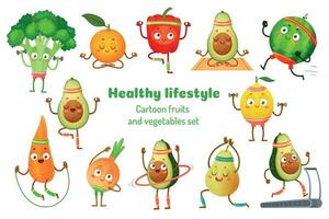 deporte frutas y vegetales. sano estilo de vida mascotas, Fruta Deportes ejercicio y aguacate yoga rutina de ejercicio dibujos animados vector ilustración conjunto