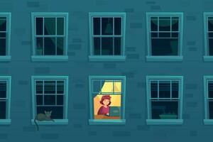 Working at night. Busy workaholic works home at nights when neighbors asleep, lonely man in window frame cartoon vector illustration