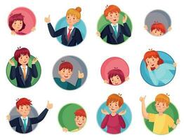 People in facehole. Surprised people look out of round holes, peeping out of window holes and thumb pointing out round hole vector set