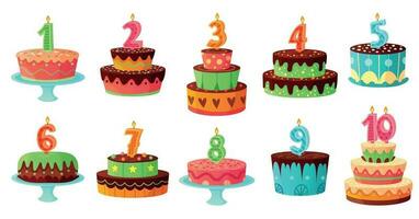 Cartoon birthday cake numbers candle. Anniversary candles, celebration party cakes vector illustration set