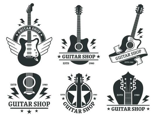 Guitar shop badges. Custom guitars shop emblem, guitar headstock and music instruments store badge vector illustration set. Musical company monochrome label designs pack. Musicians equipment sale
