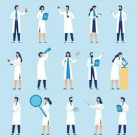 Scientists people. Science lab worker, chemical researchers and scientist professor character flat vector set